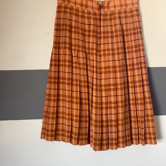 High waist preppy orange plaid pleated midi skirt - Picture 7 of 16